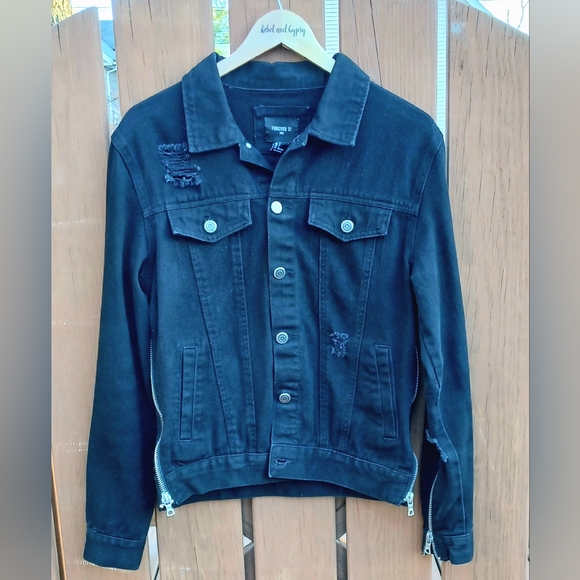 Mens Distressed Black Jean Jacket Hey Arnold Helga Character Graphic Back Size S - Picture 3 of 7